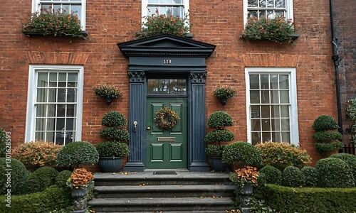A classically styled brick townhouse with a green door, steps, and abundant autumnal landscaping.