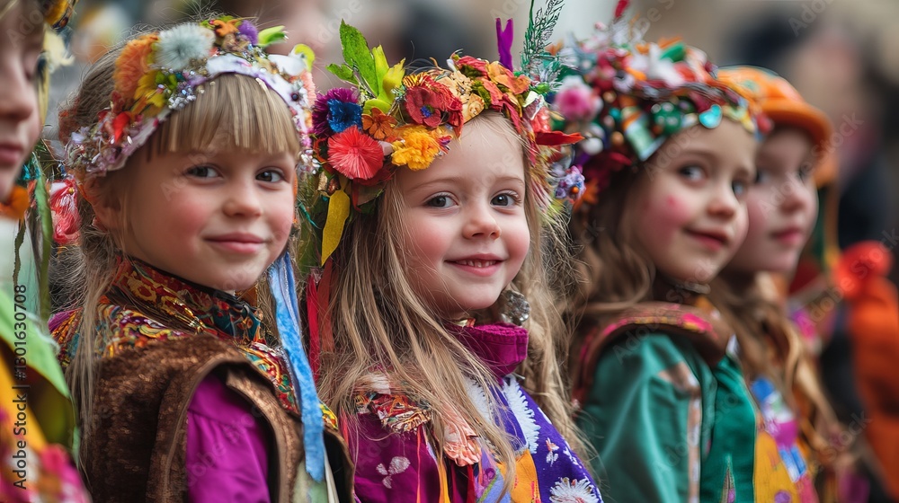 Fototapeta premium Adorable Children Wearing Colorful Flower Crowns Festive Traditional Handmade Costumes Happy Smiling Girls Spring Celebration Bright Clothing Joyful