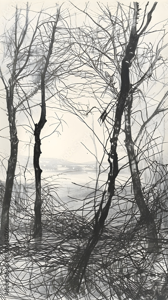 Gloomy Forest Landscape Sketch with Tall Leafless Trees and Overcast Sky, Radiating an Eerie Sense of Isolation Gloomy Forest Landscape Sketch with Tall Leafless Trees and Overcast Sky, Radiating an Eerie Sense of Isolation