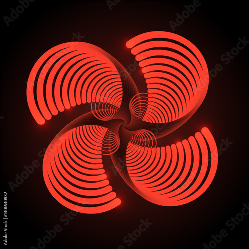 Abstract fan blades on dark red background. Spiral sectors vortex form logo round geometric shape, colorful circle from vibrant gradient, circular pattern. Windmill, cooling or heating system icon