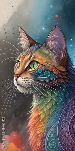 Stylized Cat Illustration with Intricate Patterns and Celestial Background