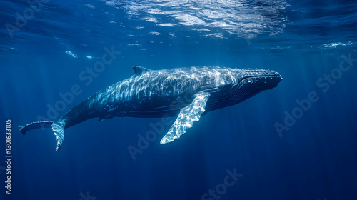 Majestic whale swimming in open water, ideal for marine life, ocean conservation, and wildlife themes photo