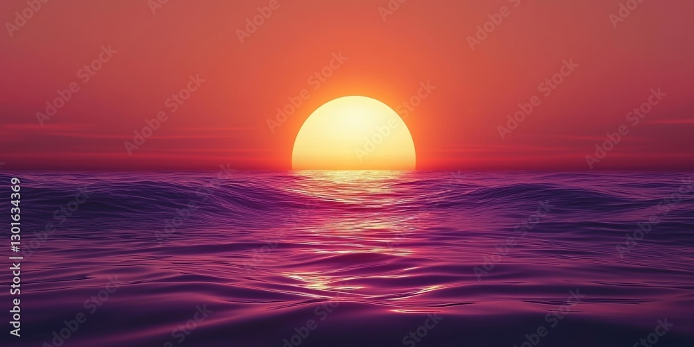 Sun setting over an ocean with purple water, sky is a gradient from orange to pink Sun setting over an ocean with purple water, sky is a gradient from orange to pink