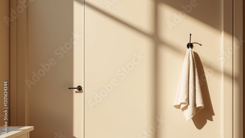 A towel hanging on a hook near the door