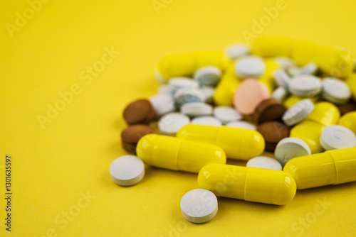 Photo of pills drugs  on background