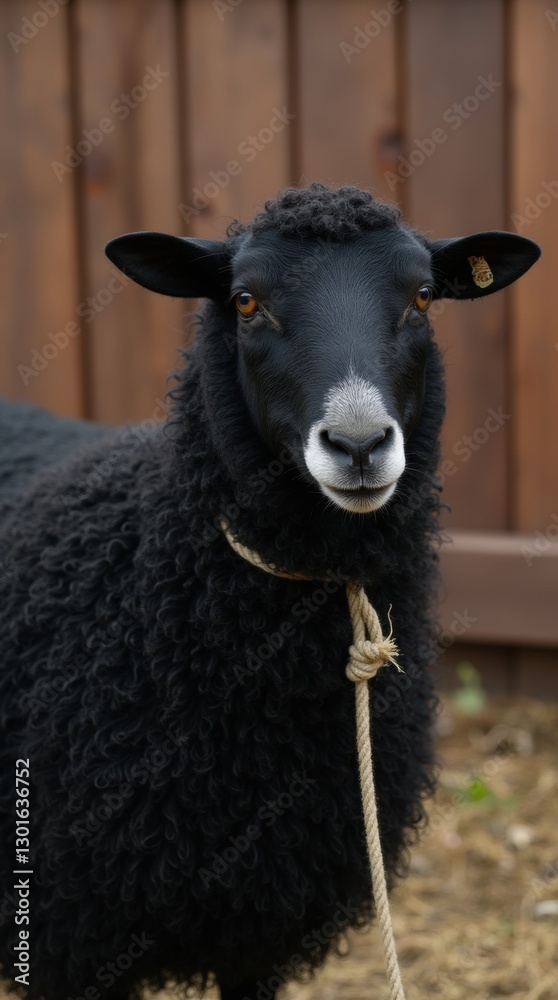 Obraz premium Vertical image of a black Qurbani sheep tied with rope by a wooden fence, highlighting ritual tradition.