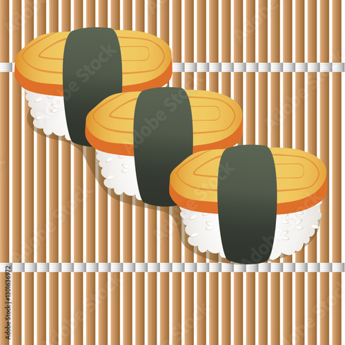 triple tamago nigiri sushi on a bamboo mat Illustration