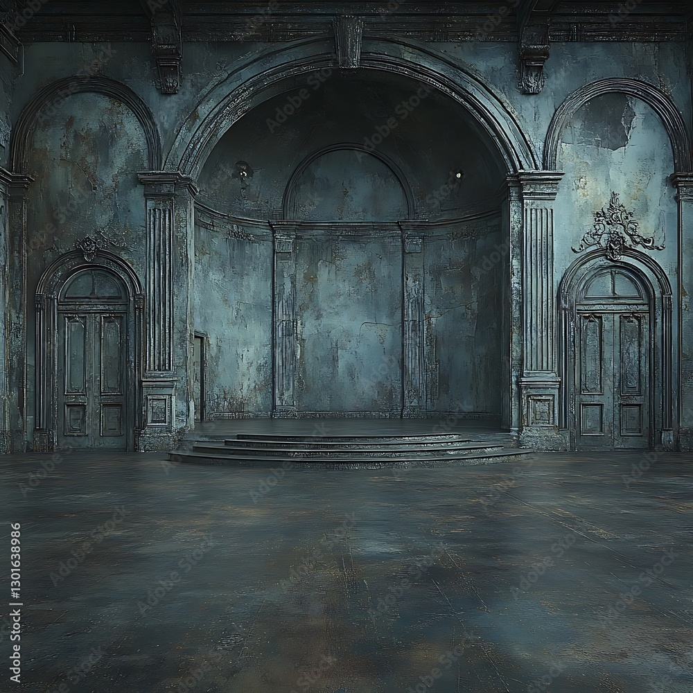 Fototapeta premium An aged interior with columns and ornate archways is visible