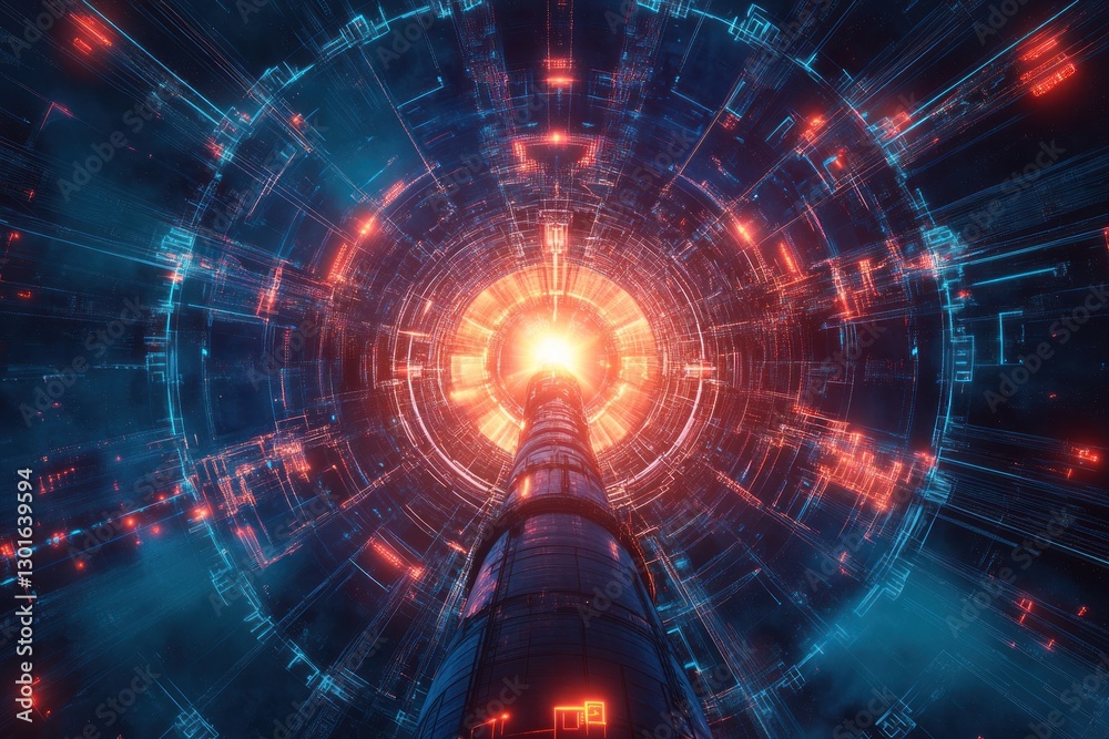 Obraz premium Futuristic tunnel with glowing lights and digital elements.