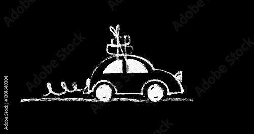Vintage Car with Luggage Doodle Animation. Whimsical Hand-Drawn Looping Road Trip Car for Travels by Car, Family Vacations, and Summer Adventures. Crayon-Textured Coquette Scribbles. Alpha Channel.