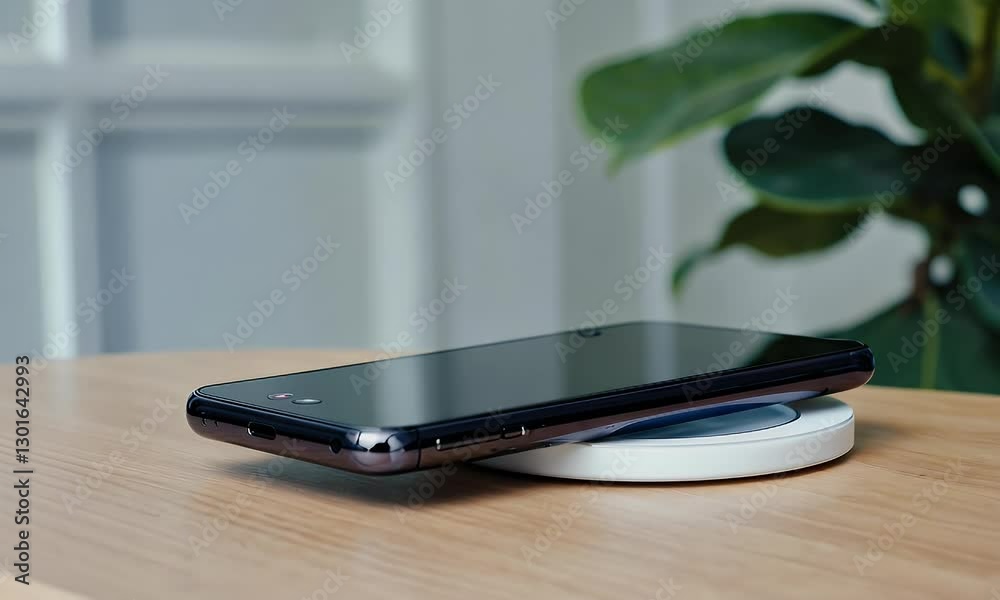 Black smartphone charging wirelessly on a white charging pad, with indoor plant in the background.