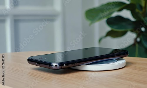 Black smartphone charging wirelessly on a white charging pad, with indoor plant in the background.