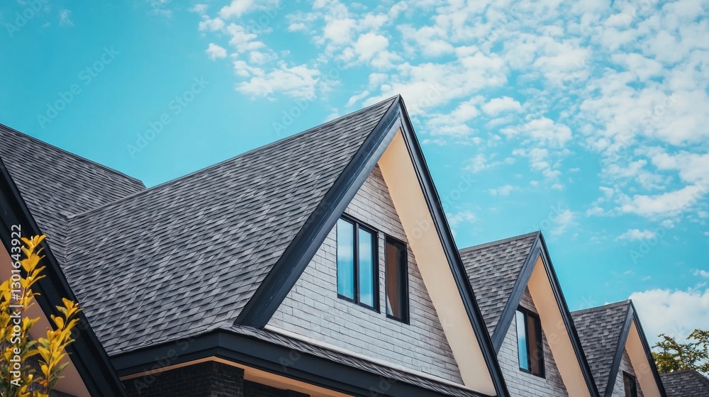 Modern roof architecture with blue sky and clouds in a residential neighborhood Modern roof architecture with blue sky and clouds in a residential neighborhood