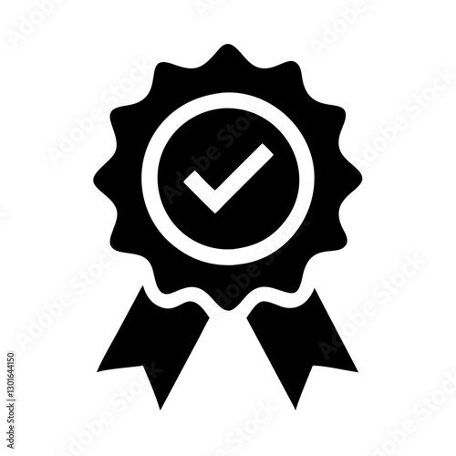 A black and white badge featuring a check mark symbolizing success and approval, vector icon illustration