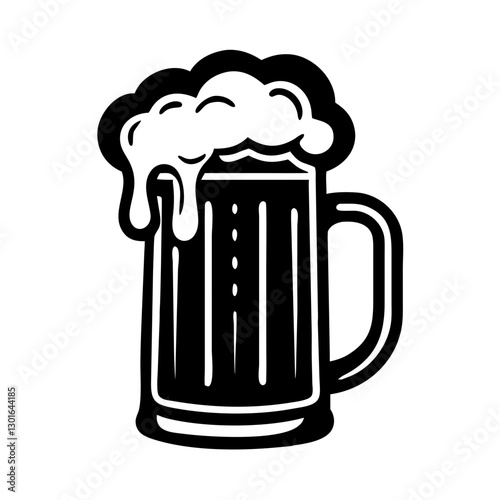 a black and white illustration of a overflowing mug of beer, showing its foamy top vector illustration