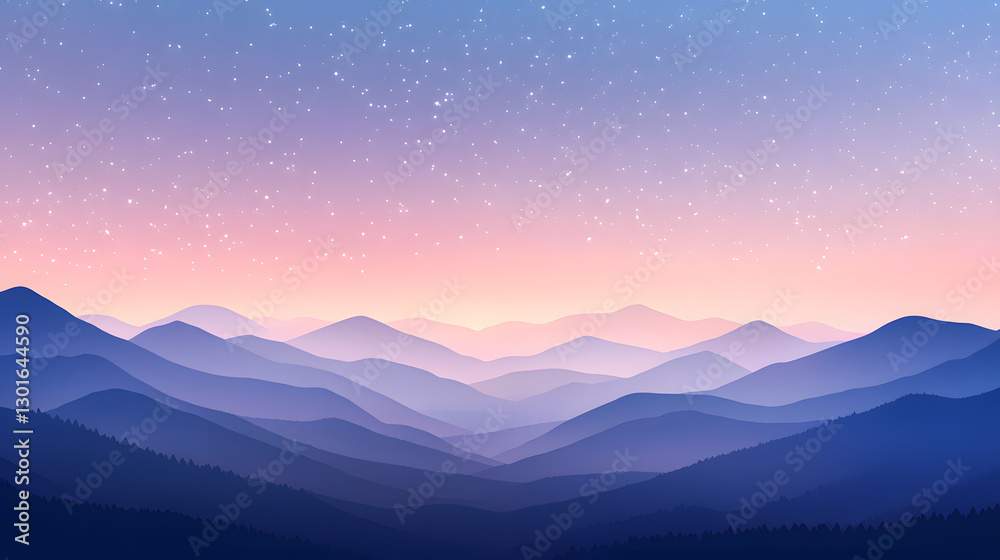 Fototapeta premium Anime Style Mountain Range Under Starry Sky at Twilight - Tranquil Nature Landscape