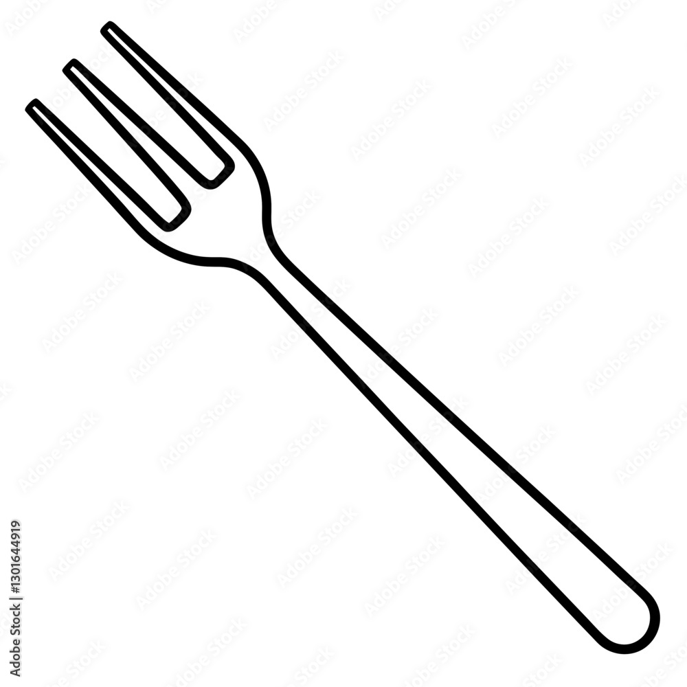 an outline drawing of a metal fork, with three tines. It has a long handle for easy grip vector illustration