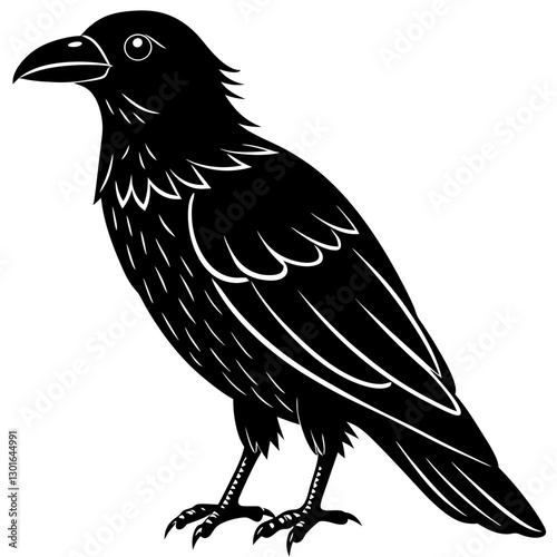 a black raven vector illustration. The raven stands, with its head turned slightly and its beak pointed forward