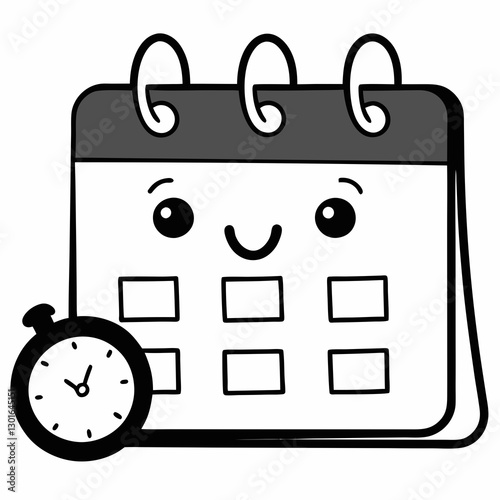 cute calendar with a smiling face and a stopwatch vector illustration