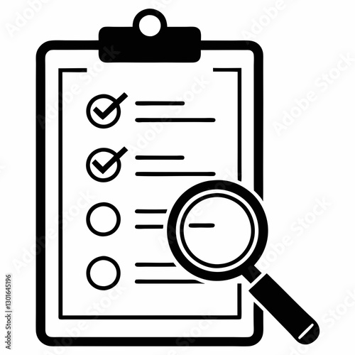 a clipboard with checklist and magnifying glass to analyze and survey the lists vector illustration