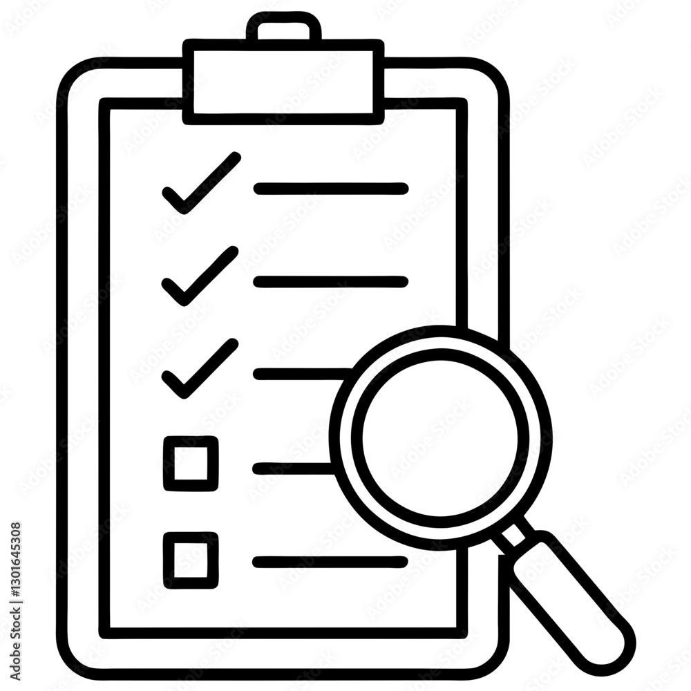 clipboard and magnifying glass, check list concept, assessment vector illustration clipboard and magnifying glass, check list concept, assessment vector illustration