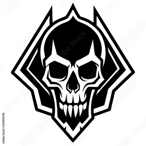 a black and white skull logo with sharp teeth, diamond-shaped frame, vector illustration