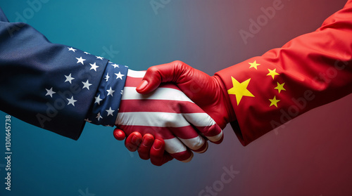 male hand in US flag suit shaking hands with Chinese flag suit on blue and red background