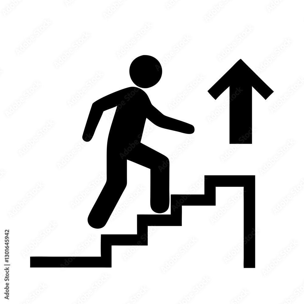 a stick figure climbing the stairs, next to an arrow pointing upwards symbolizing growth and progress vector icon illustration