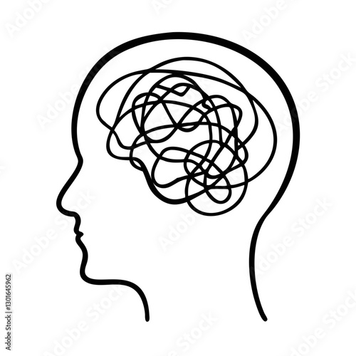 a line drawing of a human head with a chaotic brain. The illustration represents mental complexity, confusion, and the tangled thoughts within the mind vector illustration
