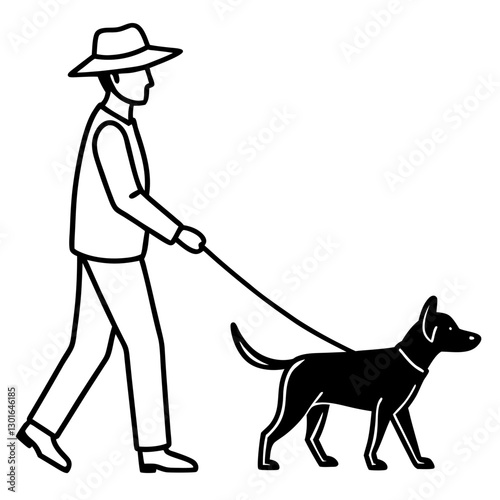 a man walking a dog along a leash. The illustration shows the man in a hat and the dog in silhouette vector illustration