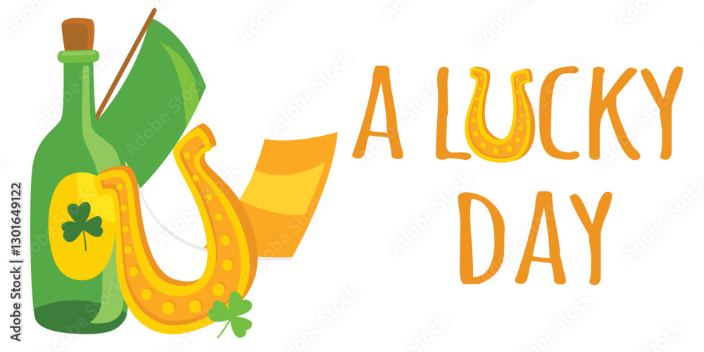 Naklejka premium A lucky day -Happy St. Patrick's Day - hat, gold coins, horseshoe,, shamrock, leprechaun, cauldron, beer bottle - lucky vector graphics