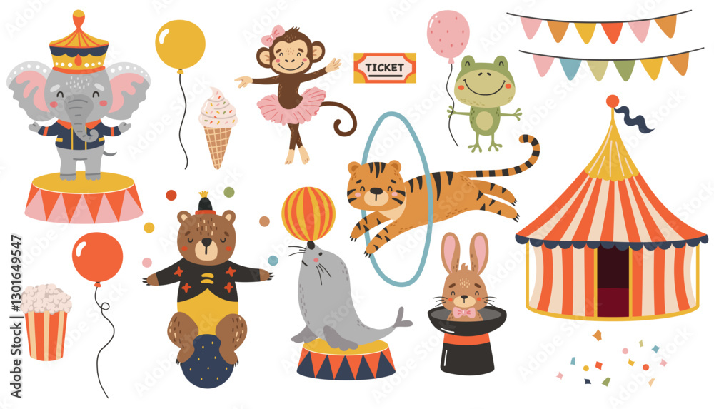 Fototapeta premium Circus animals clipart, Circus set collection vector, Cute animals, Carnaval clipart