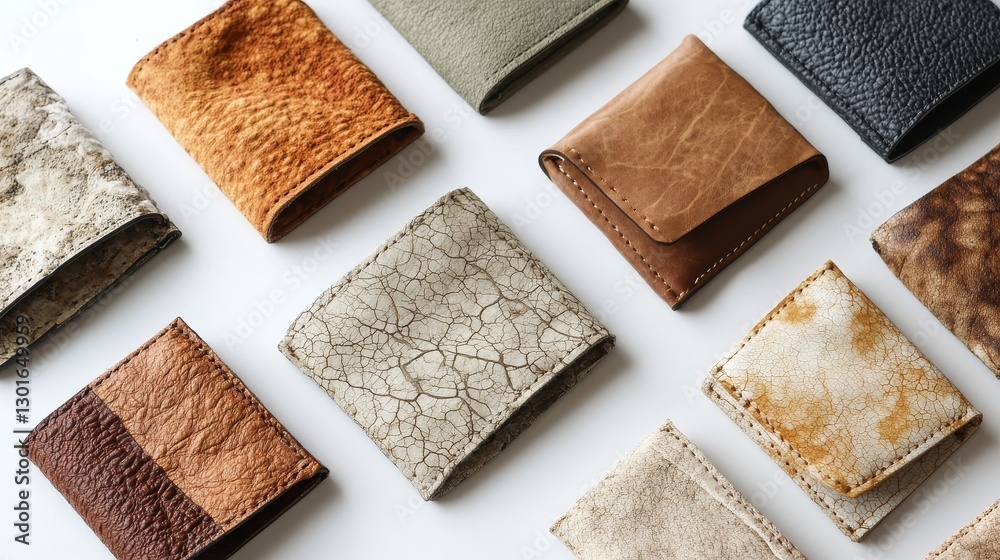 Fototapeta premium Colorful leather wallets arranged on white background.