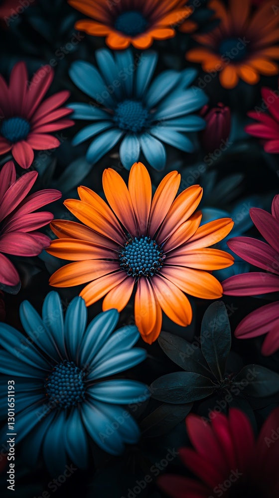 Close-up view of colorful daisies in vibrant hues against a dark background Close-up view of colorful daisies in vibrant hues against a dark background