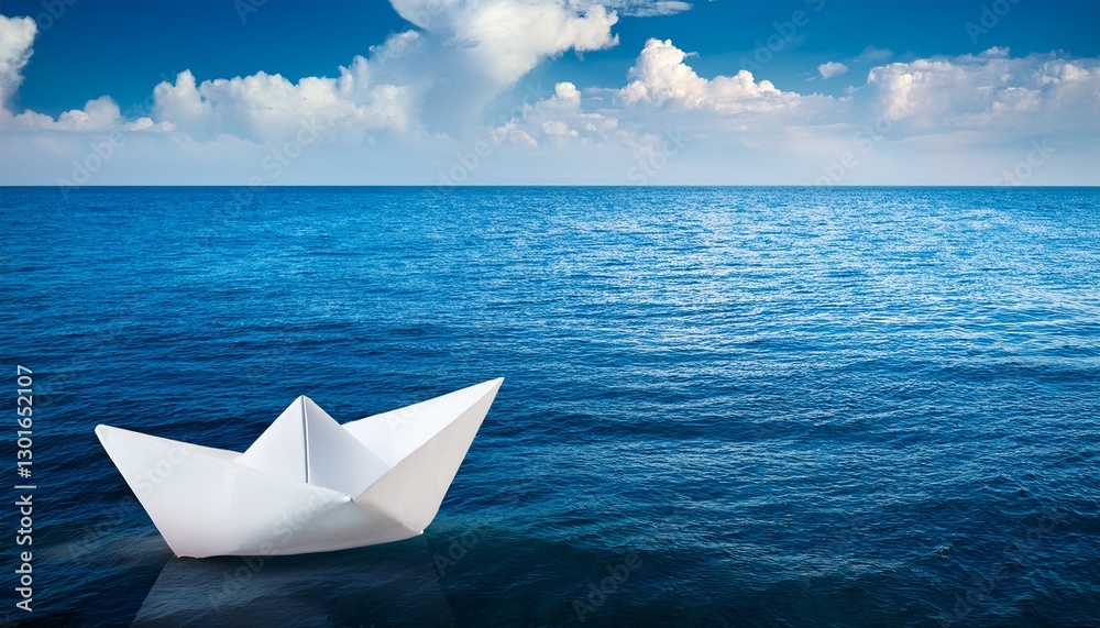 Obraz premium white paper boat floating in blue sea