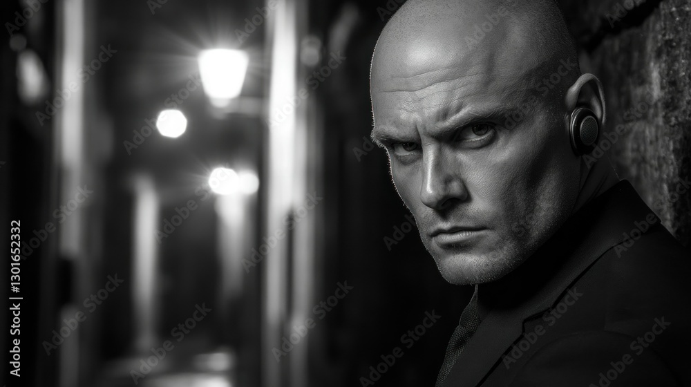 Bald man, intense, alleyway, night, security