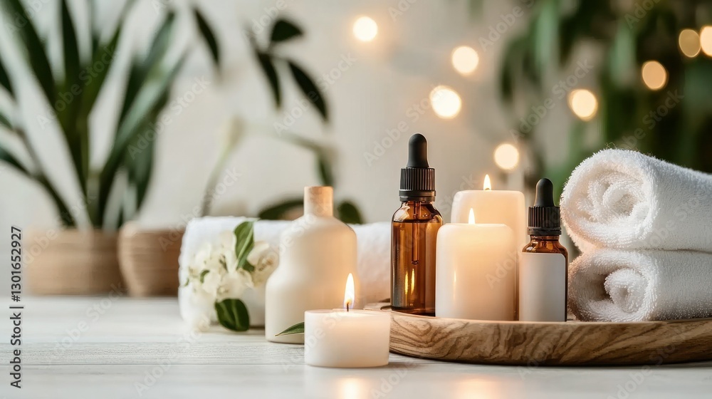 Spa products arranged on wooden tray, tranquil setting, soft lighting, plant background Spa products arranged on wooden tray, tranquil setting, soft lighting, plant background