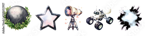 Mystical lunar composition with plants, star, telescope, lunar rover, and cosmic explosion vector watercolor illustration set isolated on transparent background.