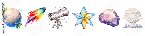 Cosmic world with planet, comet, telescope, star, crystal, and futuristic station vector watercolor illustration set isolated on transparent background.