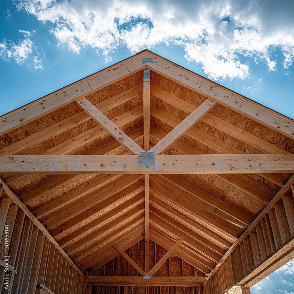Wooden roof truss construction under blue sky with sunlight illuminating wooden framework Wooden roof truss construction under blue sky with sunlight illuminating wooden framework