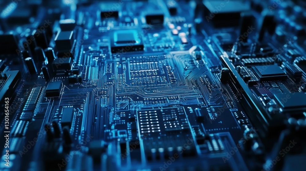 Close-up of a complex circuit board with glowing blue components. Close-up of a complex circuit board with glowing blue components.
