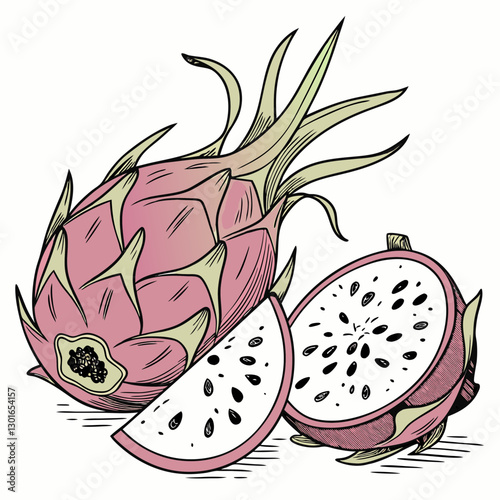  Realistic full-body dragon fruit vector illustration.