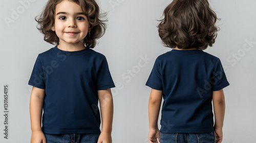 Front and Back View of a Smiling Child Wearing a Navy Blue T-Shirt - AI Generated