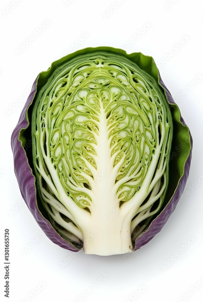 Fototapeta premium A halved cabbage with a vibrant green interior and purple outer leaves, showcasing the beauty and detail of natural produce on a white background
