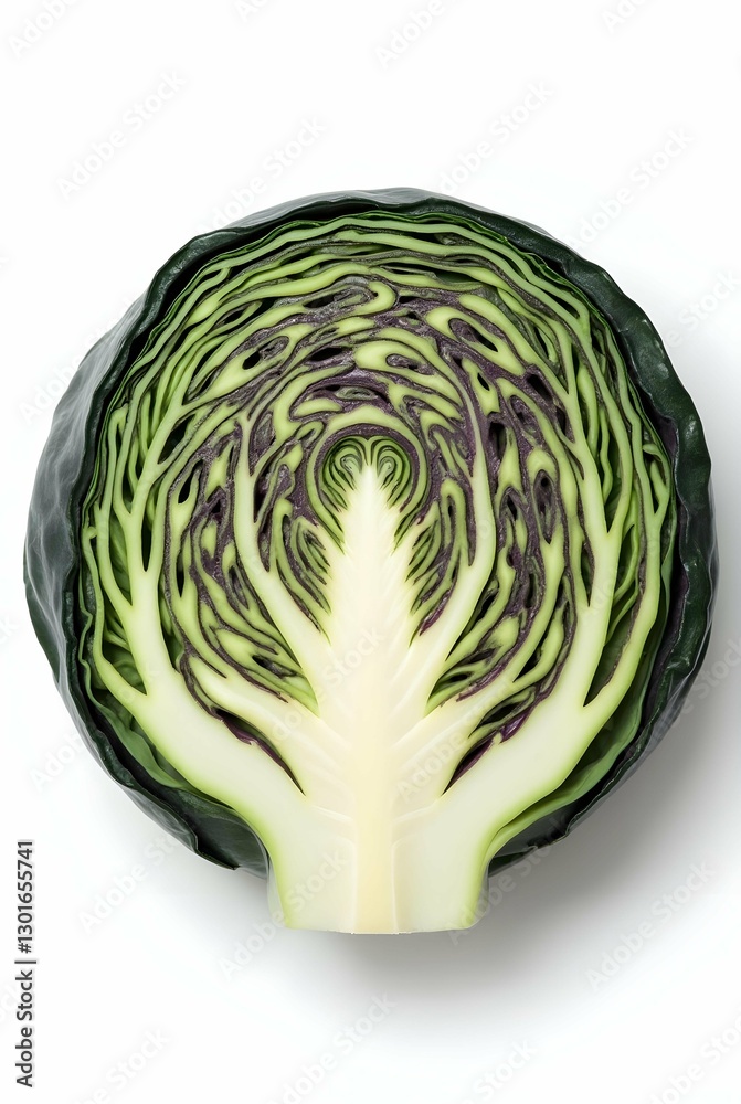 Obraz premium A halved cabbage with a vibrant green interior and purple outer leaves, showcasing the beauty and detail of natural produce on a white background