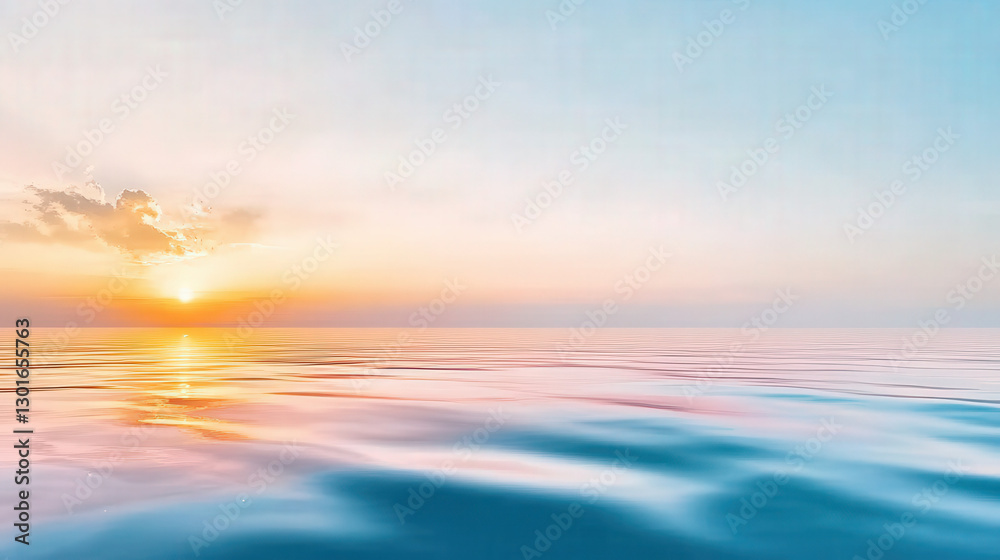 Obraz premium Vibrant hues of orange, pink, and purple fill the sky at sunset, reflecting on calm ocean waves. Gentle ripples create a serene atmosphere as clouds enhance the peaceful view