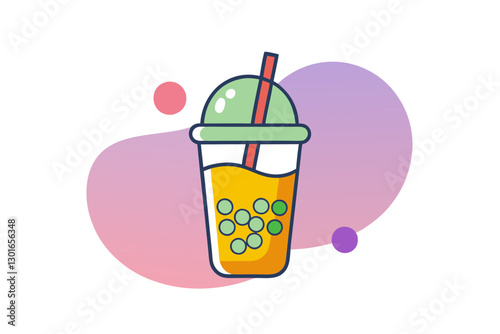 Bubble Tea Line Art with Tapioca Pearls and Straw