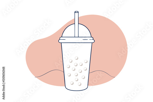 Bubble Tea Line Art with Tapioca Pearls and Straw