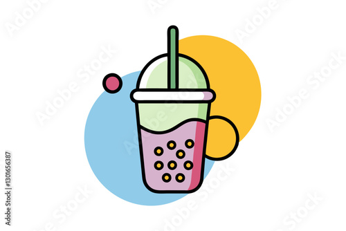 Bubble Tea Line Art with Tapioca Pearls and Straw