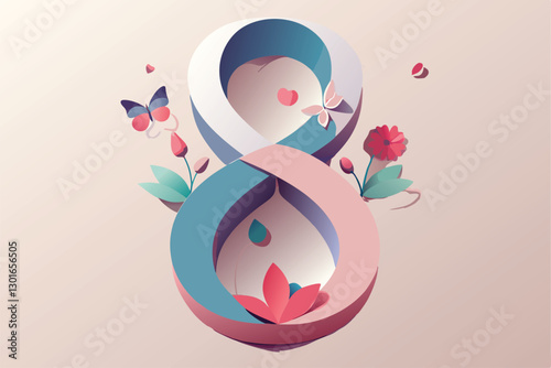 Elegant Paper Art Number 8 with Floral Elements , March 8th